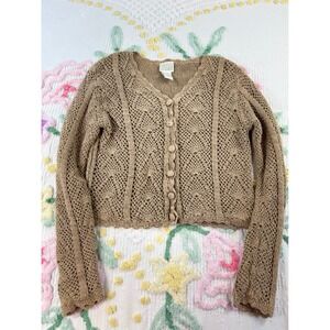 MODA INTL Tan Crochet Knit Button Up‎ Cardigan Sweater Top Women's Medium